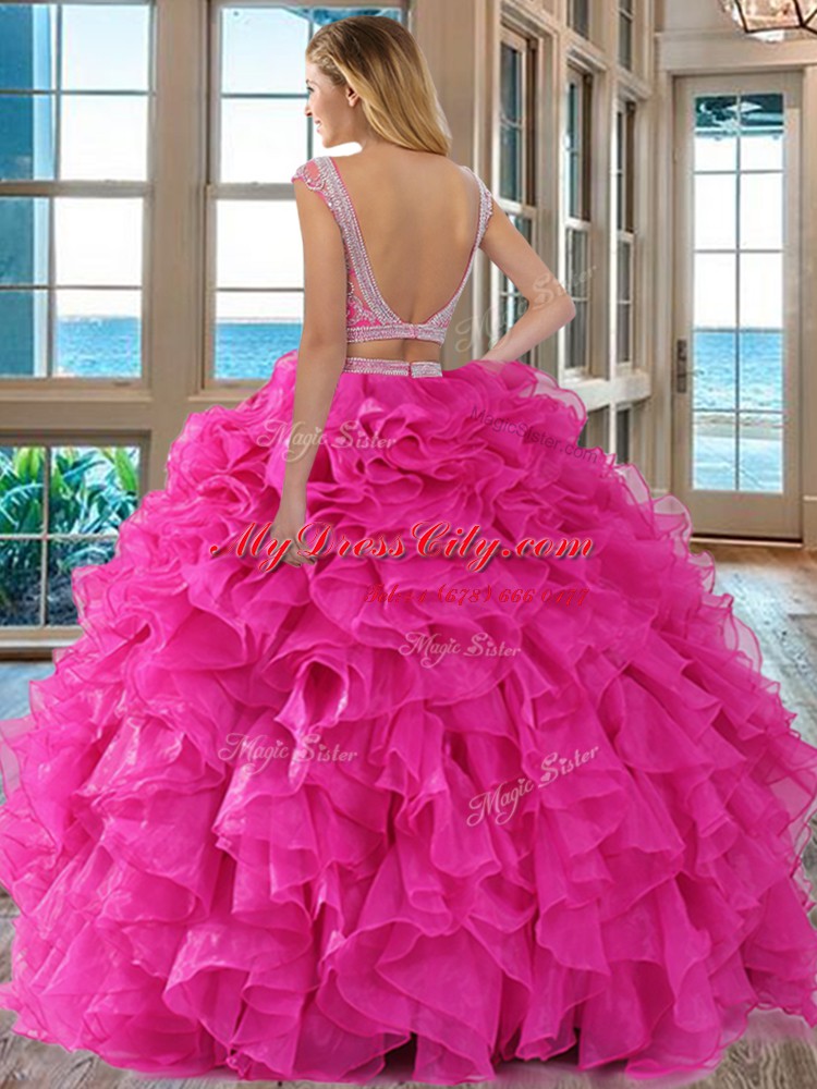 Scoop Cap Sleeves Beading and Ruffles Backless Quince Ball Gowns