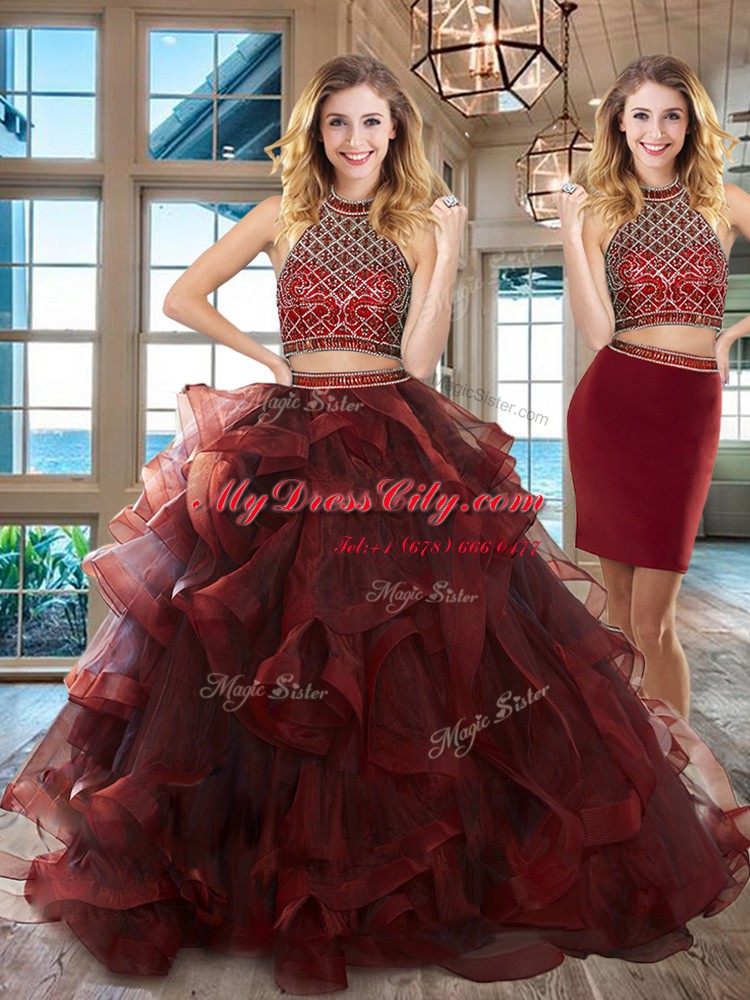 Halter Top Sleeveless Tulle Sweet 16 Dresses Beading and Ruffles Brush Train Backless