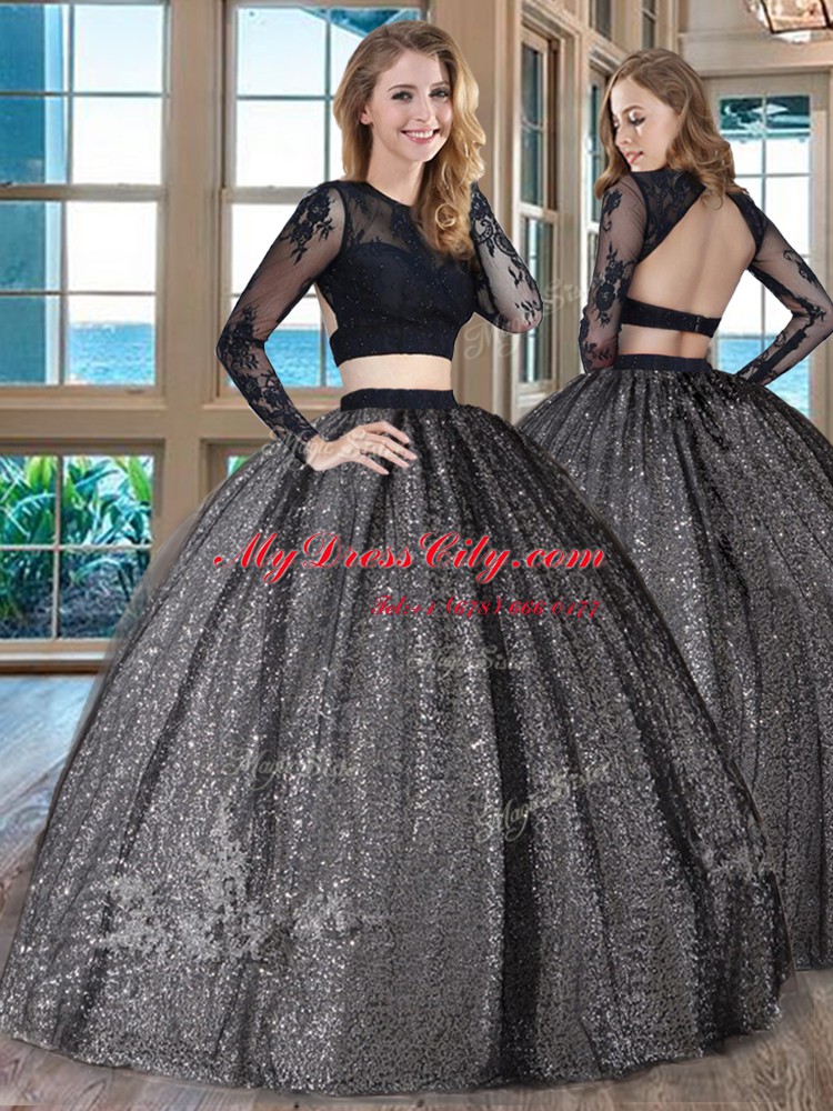 Scoop Backless Floor Length Black Quinceanera Gowns Tulle Long Sleeves Appliques