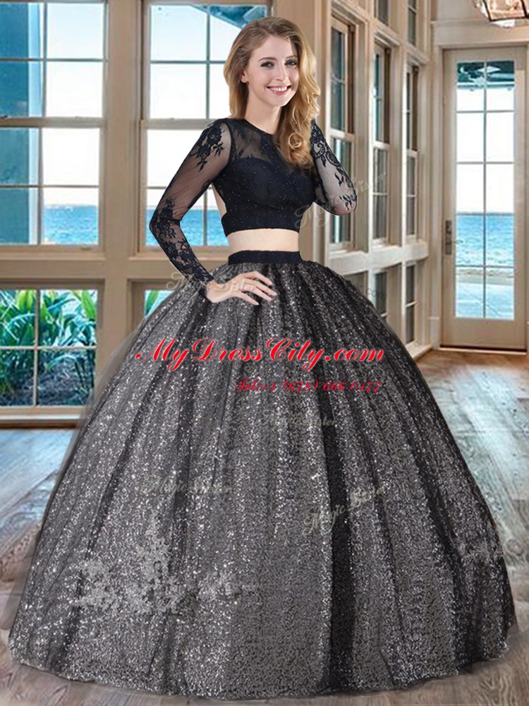 Scoop Backless Floor Length Black Quinceanera Gowns Tulle Long Sleeves Appliques