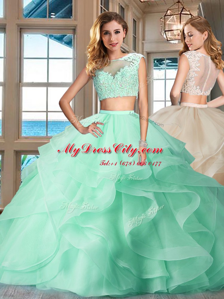 Delicate Apple Green Zipper Bateau Appliques and Ruffles Quinceanera Dress Tulle Cap Sleeves