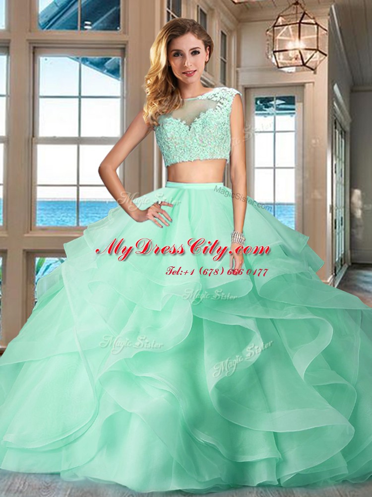 Delicate Apple Green Zipper Bateau Appliques and Ruffles Quinceanera Dress Tulle Cap Sleeves