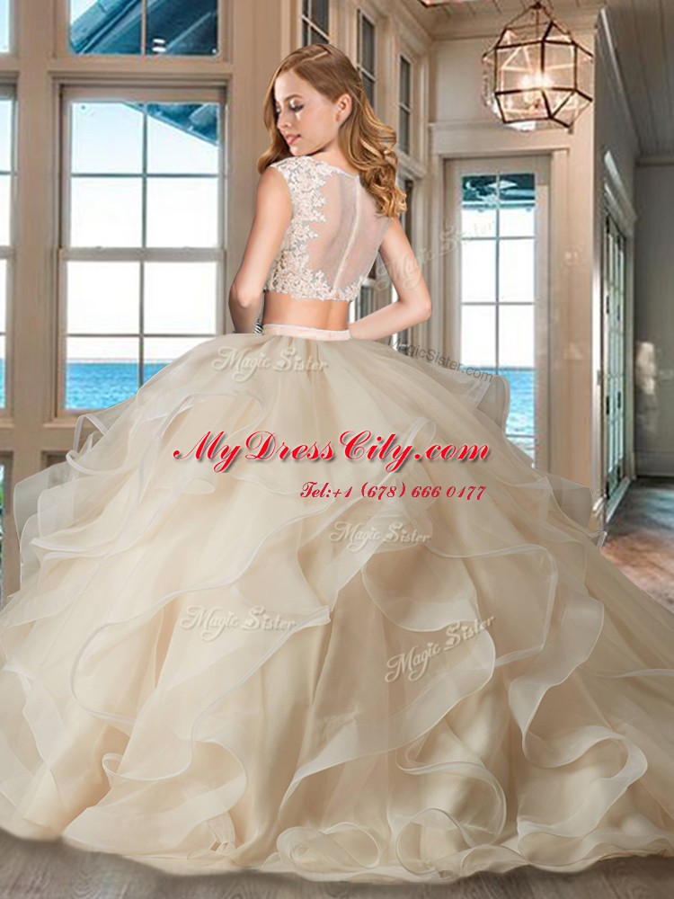 Delicate Apple Green Zipper Bateau Appliques and Ruffles Quinceanera Dress Tulle Cap Sleeves