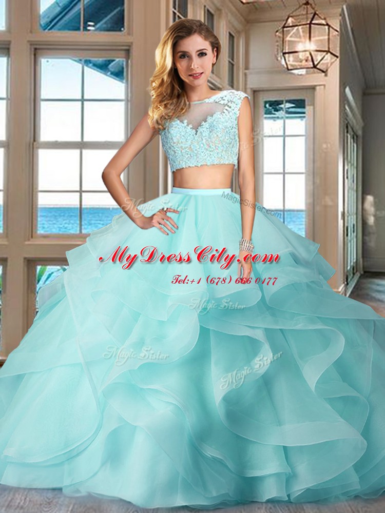 Delicate Apple Green Zipper Bateau Appliques and Ruffles Quinceanera Dress Tulle Cap Sleeves