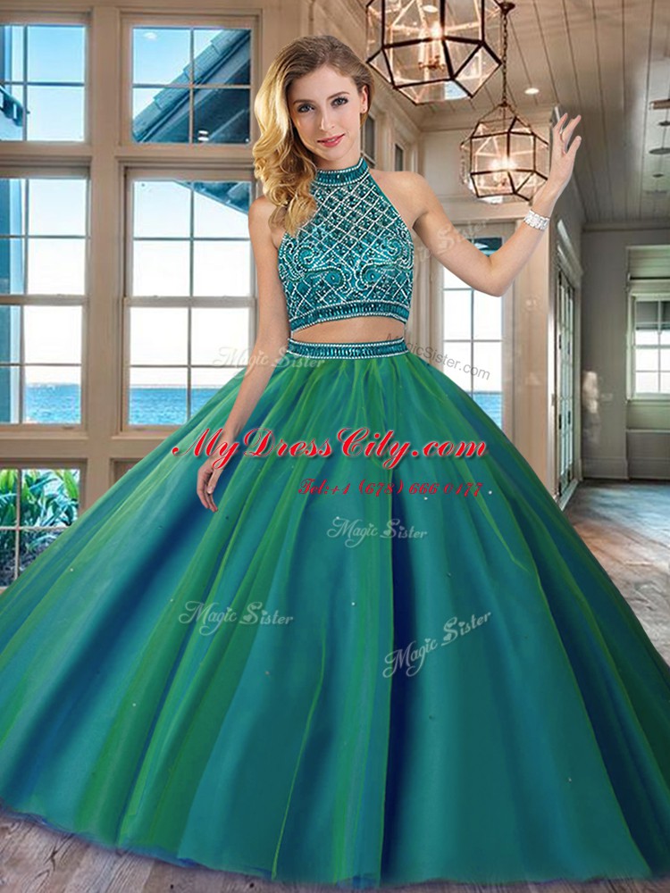 Vintage Dark Green Two Pieces Tulle Halter Top Sleeveless Beading Backless Vestidos de Quinceanera Brush Train