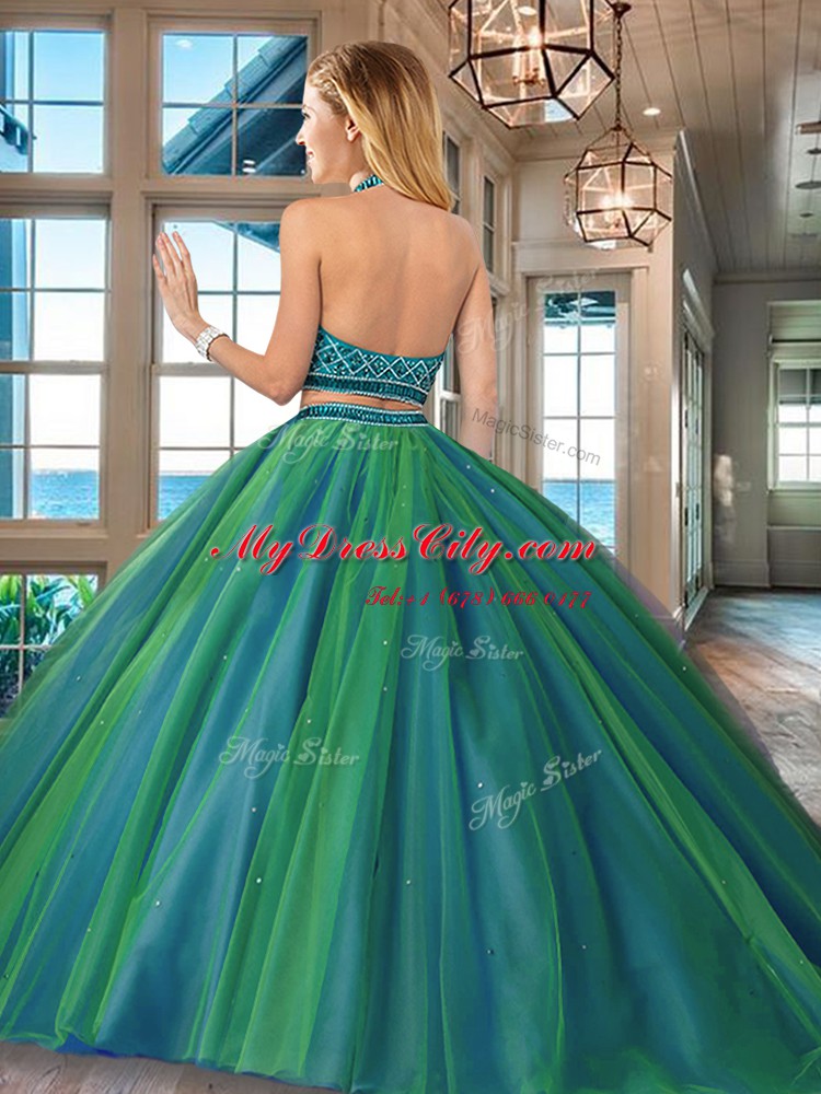 Vintage Dark Green Two Pieces Tulle Halter Top Sleeveless Beading Backless Vestidos de Quinceanera Brush Train