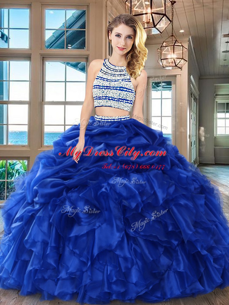 Suitable Royal Blue Two Pieces Organza Scoop Sleeveless Beading and Ruffles and Pick Ups Floor Length Backless Sweet 16 Dress