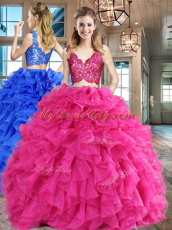 Lace and Ruffles 15 Quinceanera Dress Hot Pink Zipper Sleeveless Floor Length