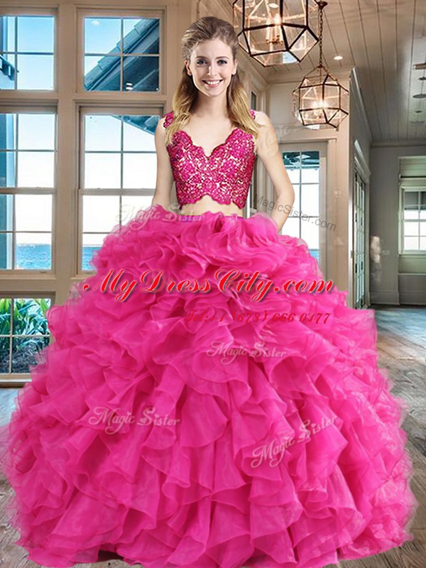 Lace and Ruffles 15 Quinceanera Dress Hot Pink Zipper Sleeveless Floor Length