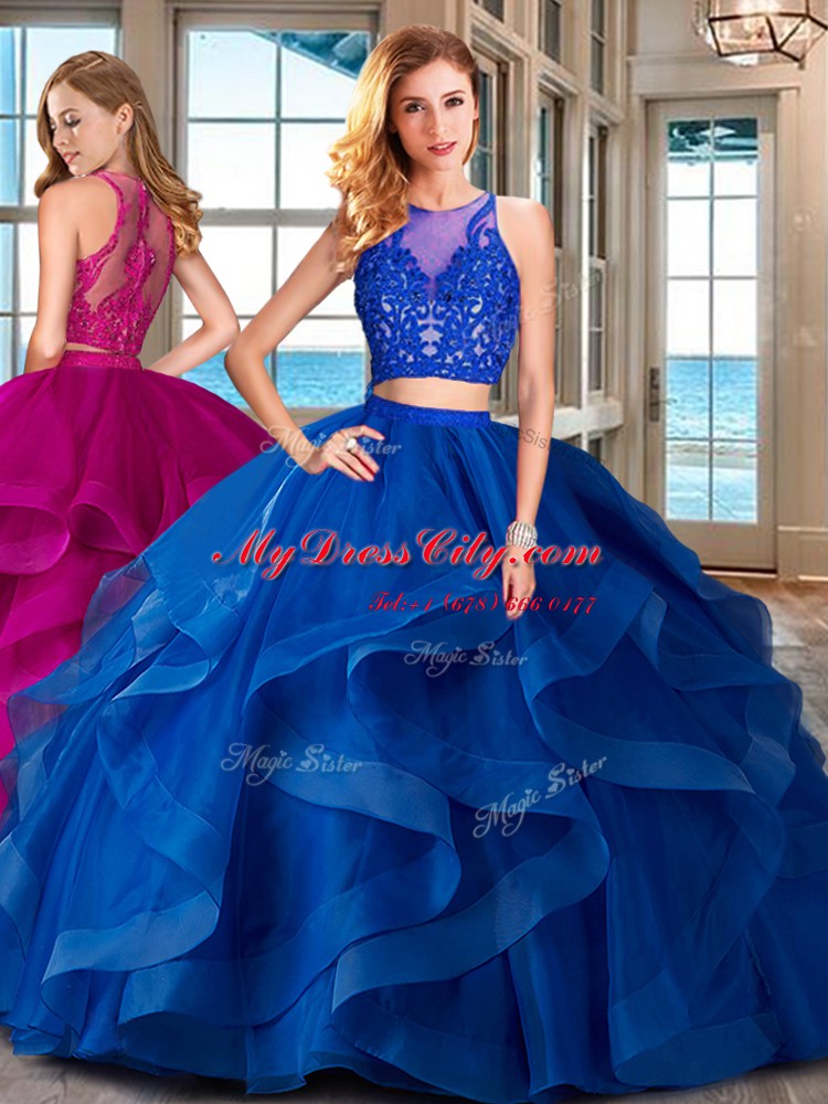 Fantastic Scoop Ruffles 15th Birthday Dress Royal Blue Zipper Sleeveless Floor Length