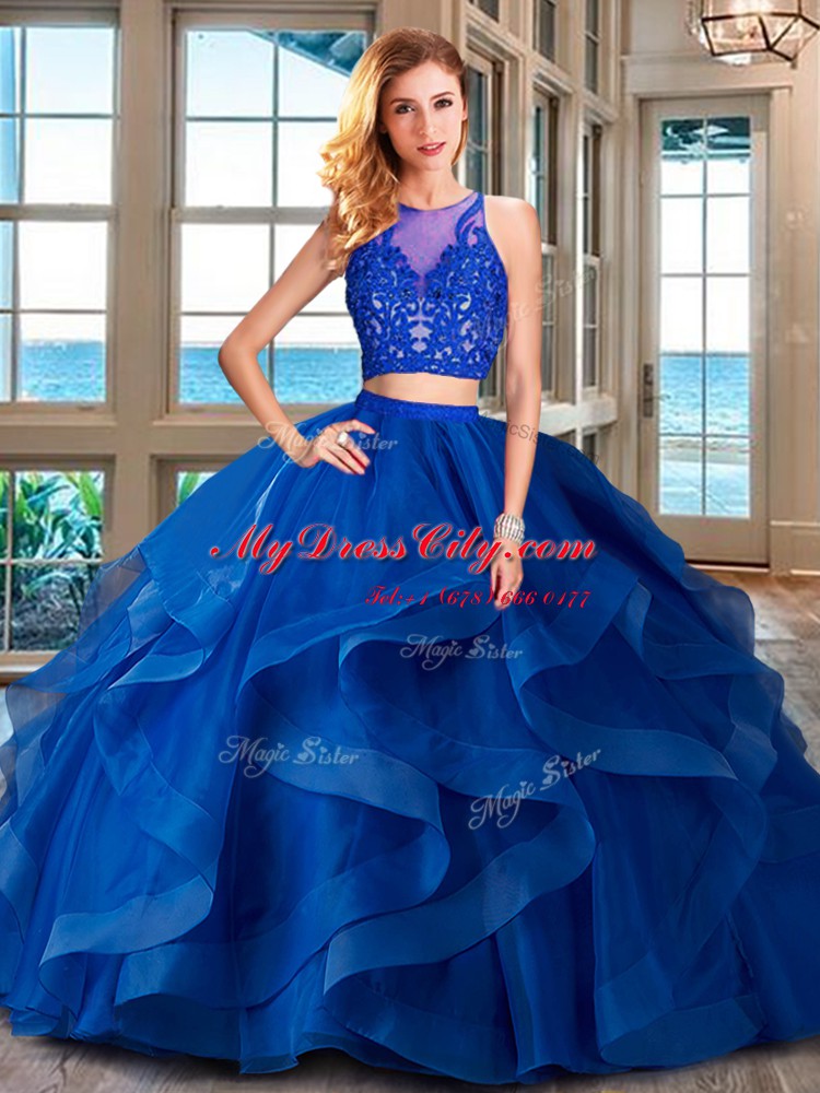 Fantastic Scoop Ruffles 15th Birthday Dress Royal Blue Zipper Sleeveless Floor Length