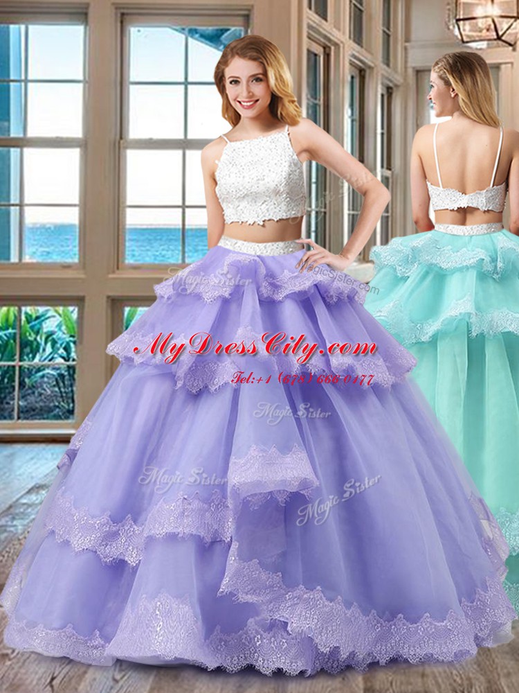 Romantic Tulle Straps Sleeveless Backless Beading 15th Birthday Dress in Lavender