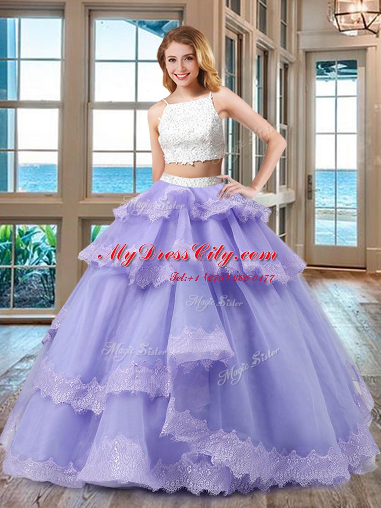 Romantic Tulle Straps Sleeveless Backless Beading 15th Birthday Dress in Lavender