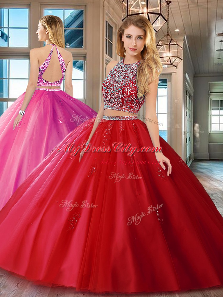 Scoop Sleeveless Tulle Quince Ball Gowns Beading Backless