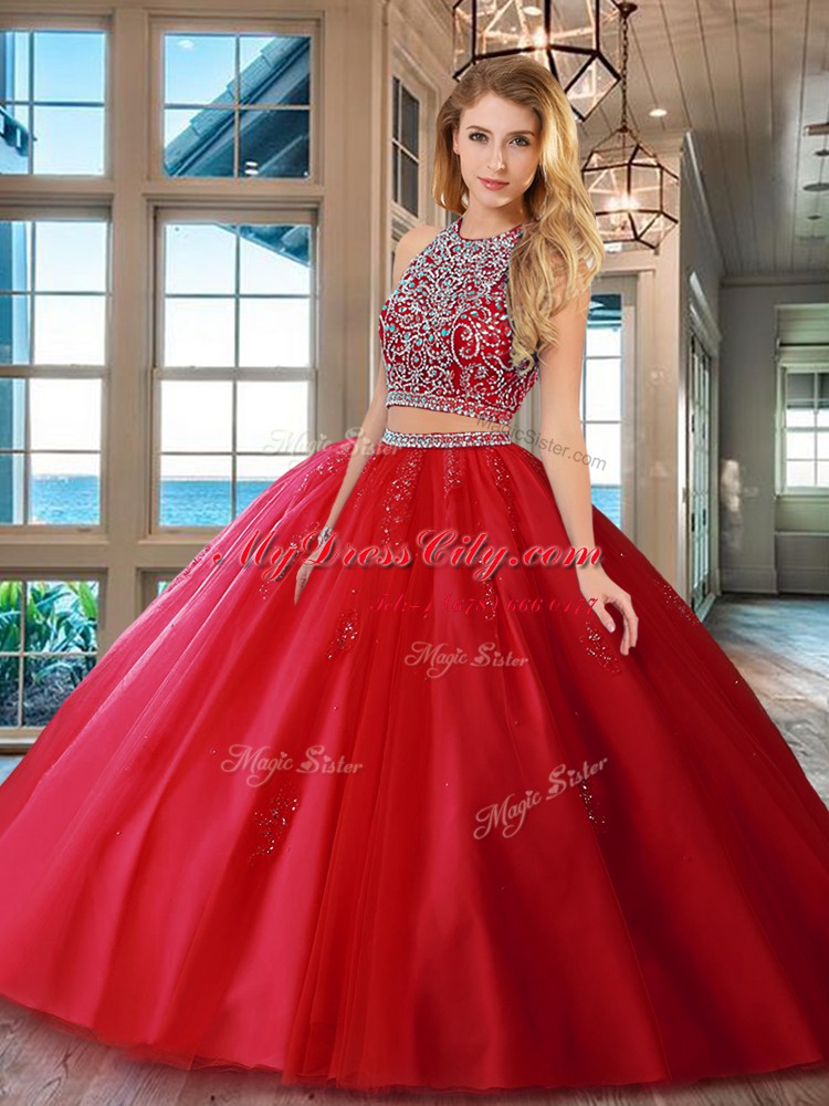 Scoop Sleeveless Tulle Quince Ball Gowns Beading Backless