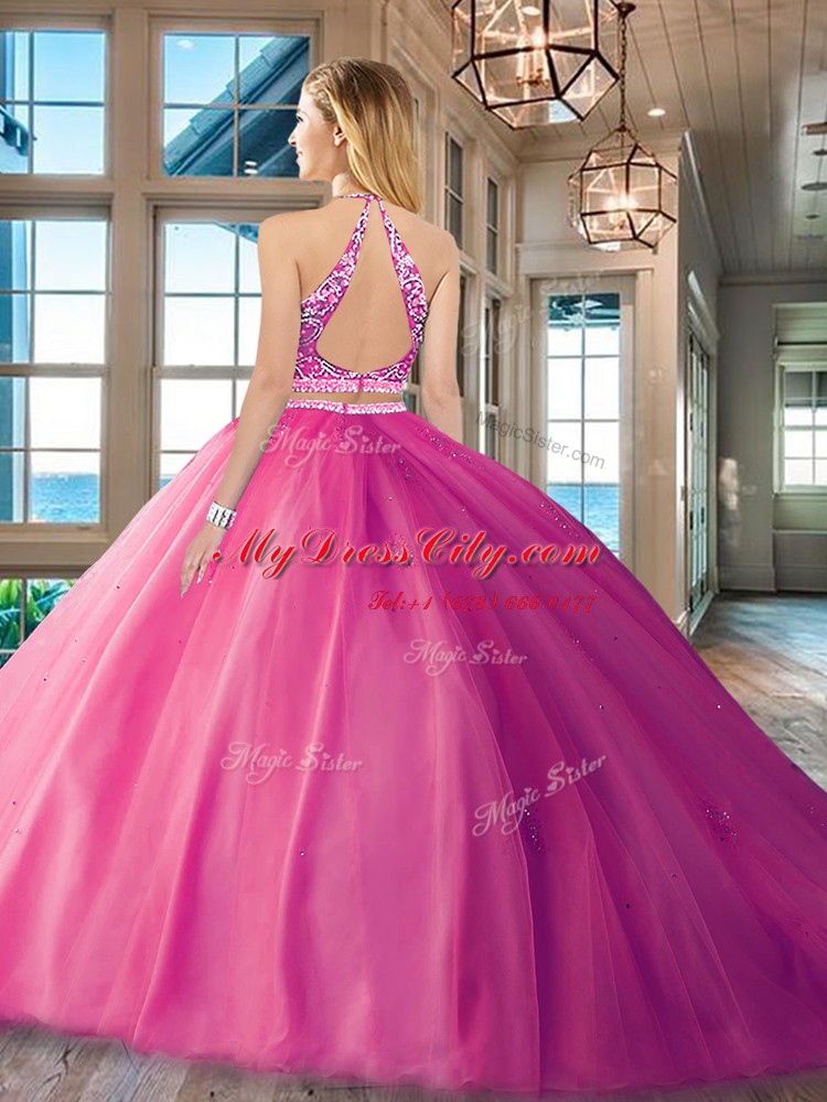 Scoop Sleeveless Tulle Quince Ball Gowns Beading Backless