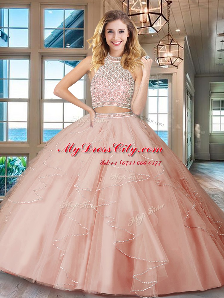 Colorful Pink Quinceanera Gowns Military Ball and Sweet 16 and Quinceanera and For with Beading and Ruffles Halter Top Sleeveless Backless