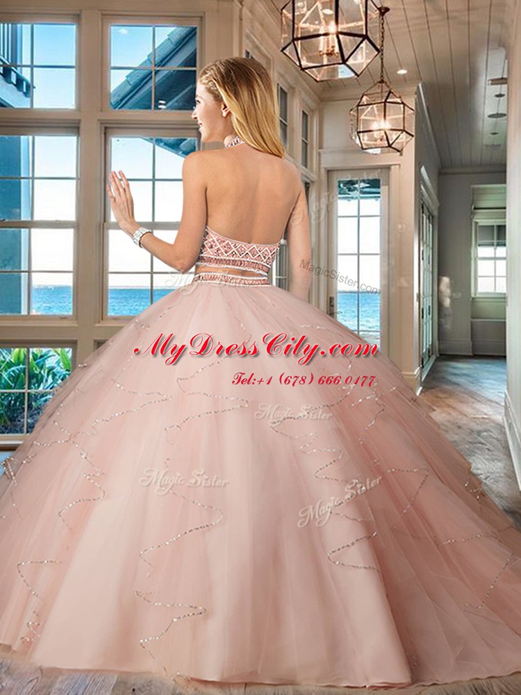 Colorful Pink Quinceanera Gowns Military Ball and Sweet 16 and Quinceanera and For with Beading and Ruffles Halter Top Sleeveless Backless