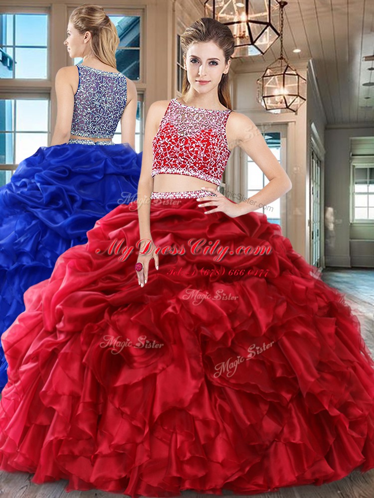 Latest Wine Red Two Pieces Bateau Sleeveless Organza Floor Length Side Zipper Beading and Ruffles and Pick Ups Quinceanera Dress