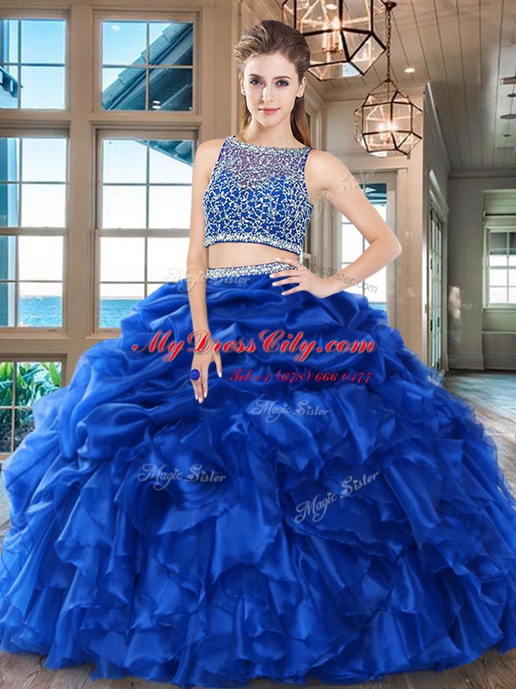 Latest Wine Red Two Pieces Bateau Sleeveless Organza Floor Length Side Zipper Beading and Ruffles and Pick Ups Quinceanera Dress