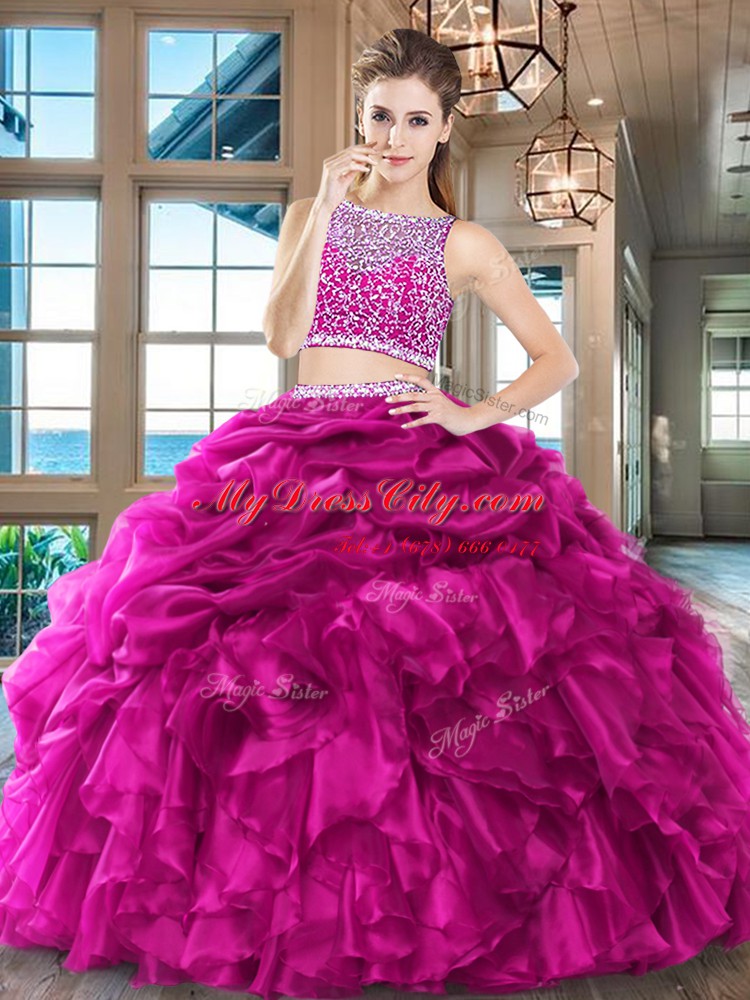 Latest Wine Red Two Pieces Bateau Sleeveless Organza Floor Length Side Zipper Beading and Ruffles and Pick Ups Quinceanera Dress