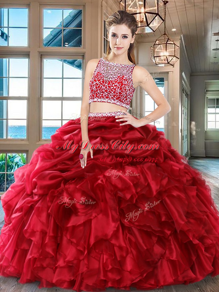 Latest Wine Red Two Pieces Bateau Sleeveless Organza Floor Length Side Zipper Beading and Ruffles and Pick Ups Quinceanera Dress