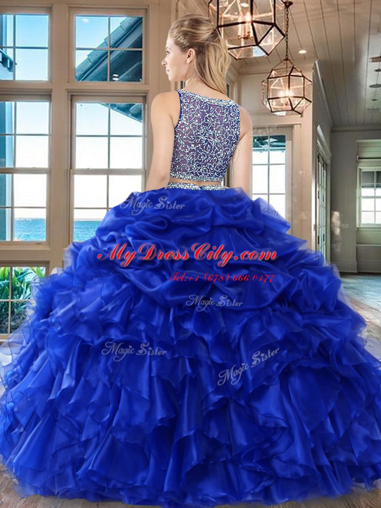 Latest Wine Red Two Pieces Bateau Sleeveless Organza Floor Length Side Zipper Beading and Ruffles and Pick Ups Quinceanera Dress