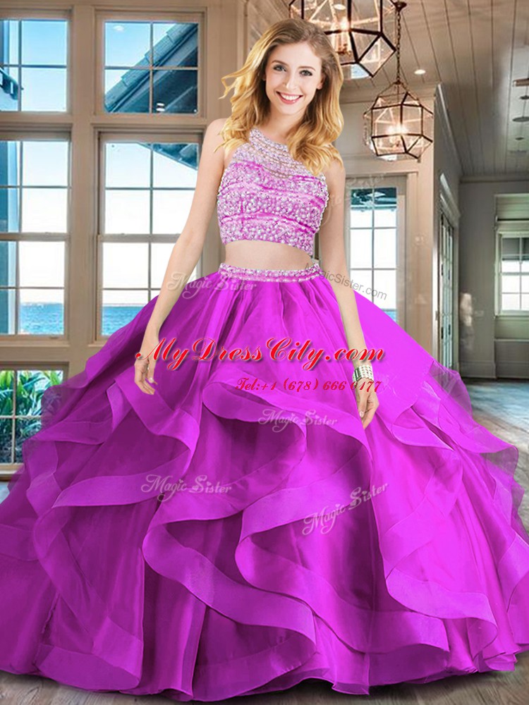 Fuchsia Backless Scoop Beading and Ruffles 15 Quinceanera Dress Tulle Sleeveless Brush Train