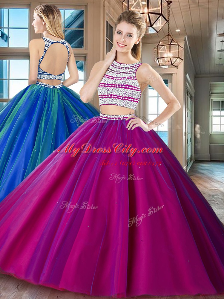 Two Pieces Quince Ball Gowns Fuchsia Scoop Tulle Sleeveless Floor Length Backless