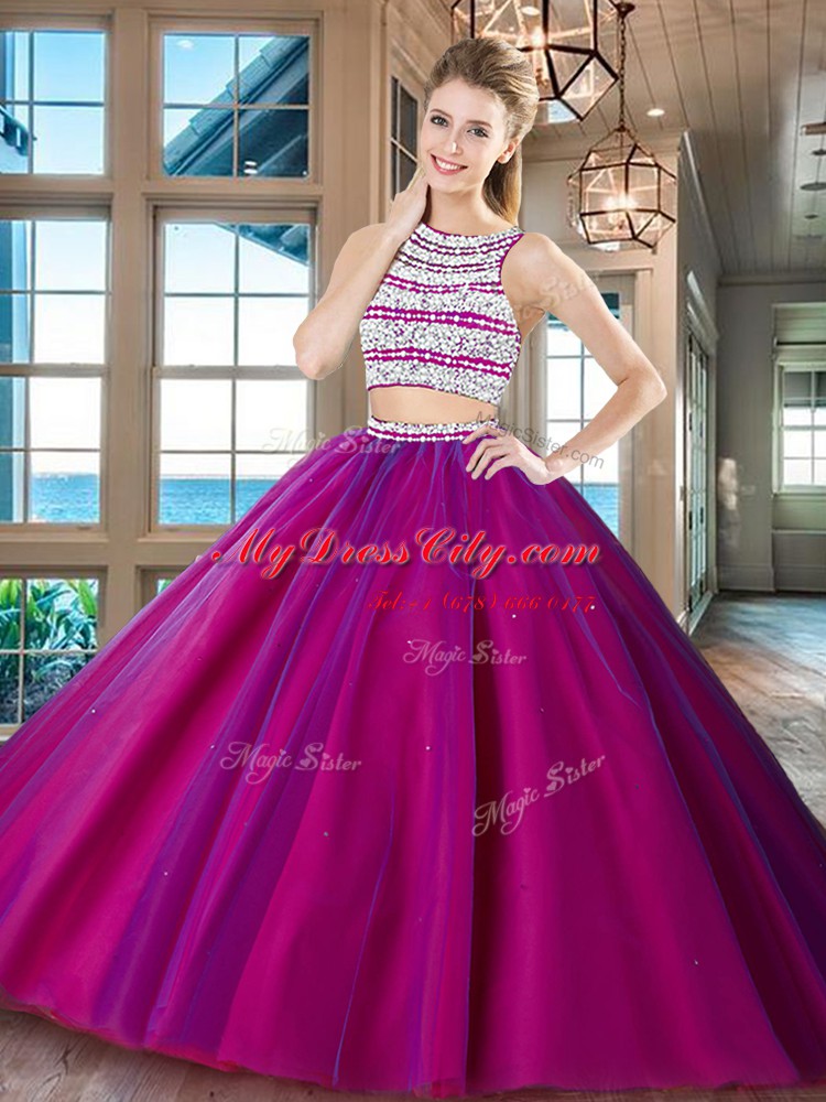 Two Pieces Quince Ball Gowns Fuchsia Scoop Tulle Sleeveless Floor Length Backless