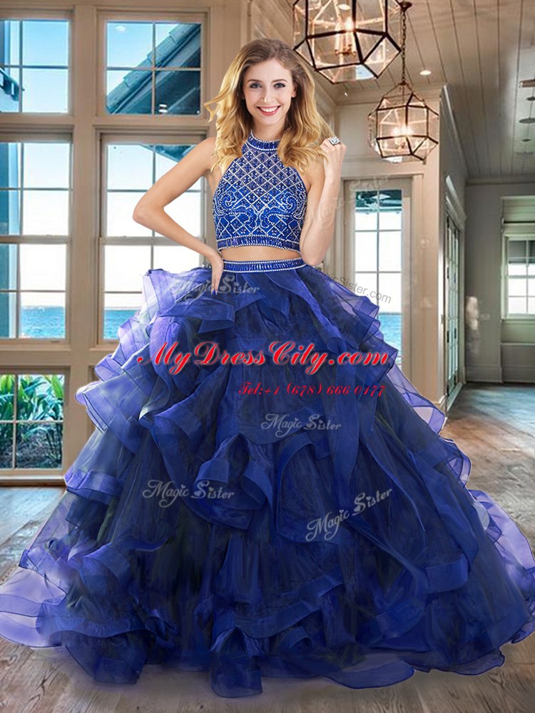 Super Tulle Halter Top Sleeveless Brush Train Backless Beading and Ruffles Quinceanera Gown in Royal Blue