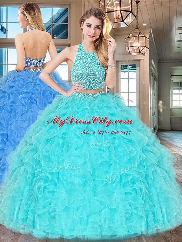 Halter Top Aqua Blue Sleeveless Tulle Backless Vestidos de Quinceanera for Military Ball and Sweet 16 and Quinceanera