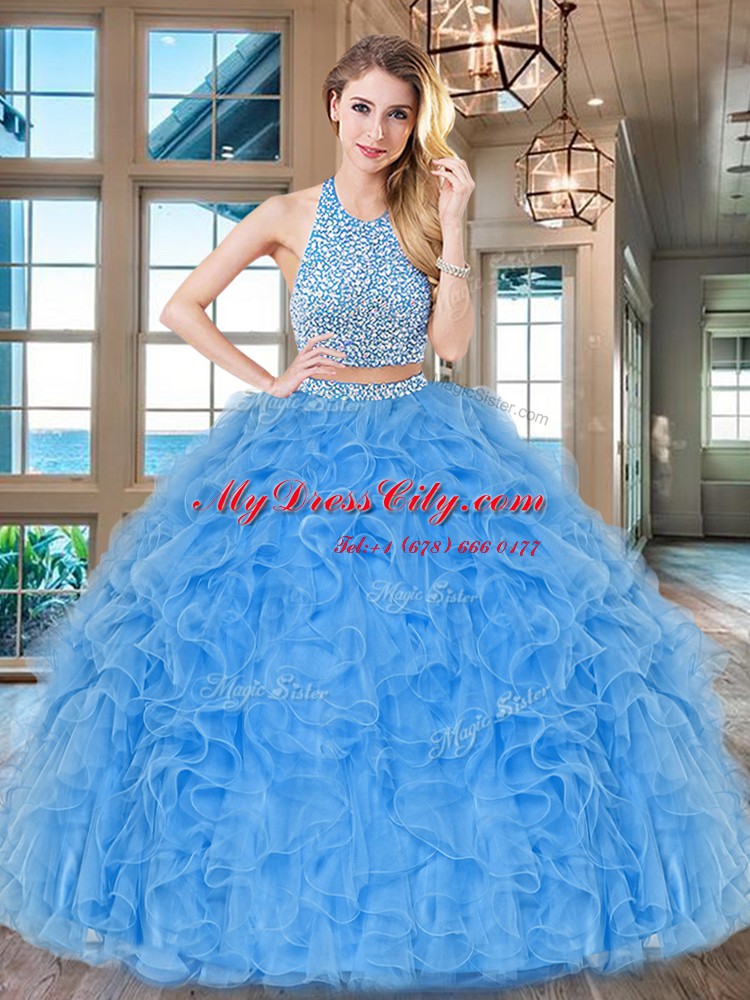 Halter Top Aqua Blue Sleeveless Tulle Backless Vestidos de Quinceanera for Military Ball and Sweet 16 and Quinceanera