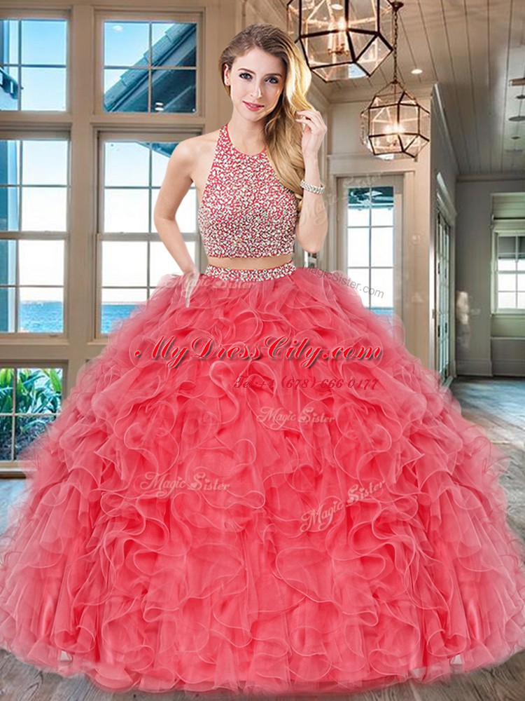 Halter Top Aqua Blue Sleeveless Tulle Backless Vestidos de Quinceanera for Military Ball and Sweet 16 and Quinceanera