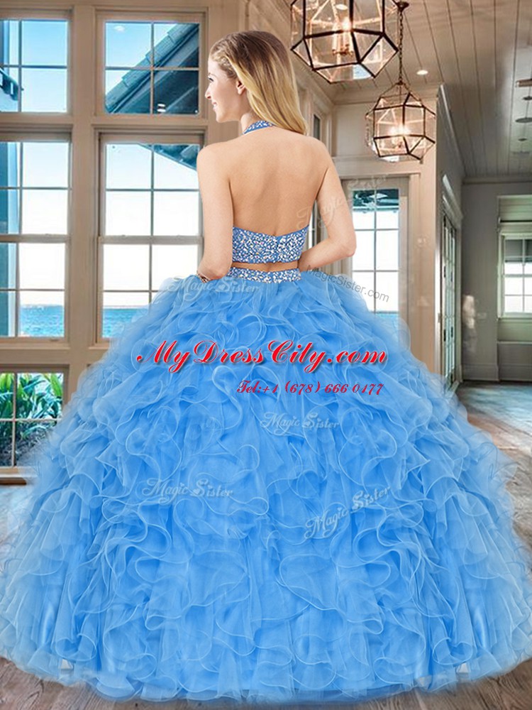 Halter Top Aqua Blue Sleeveless Tulle Backless Vestidos de Quinceanera for Military Ball and Sweet 16 and Quinceanera