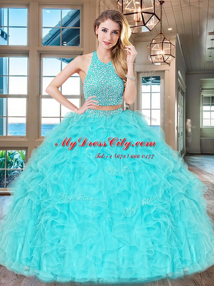 Halter Top Aqua Blue Sleeveless Tulle Backless Vestidos de Quinceanera for Military Ball and Sweet 16 and Quinceanera