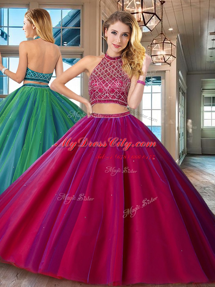 Halter Top Sleeveless Tulle Brush Train Backless Quinceanera Gown in Fuchsia with Beading