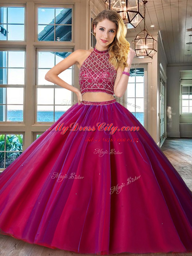 Halter Top Sleeveless Tulle Brush Train Backless Quinceanera Gown in Fuchsia with Beading