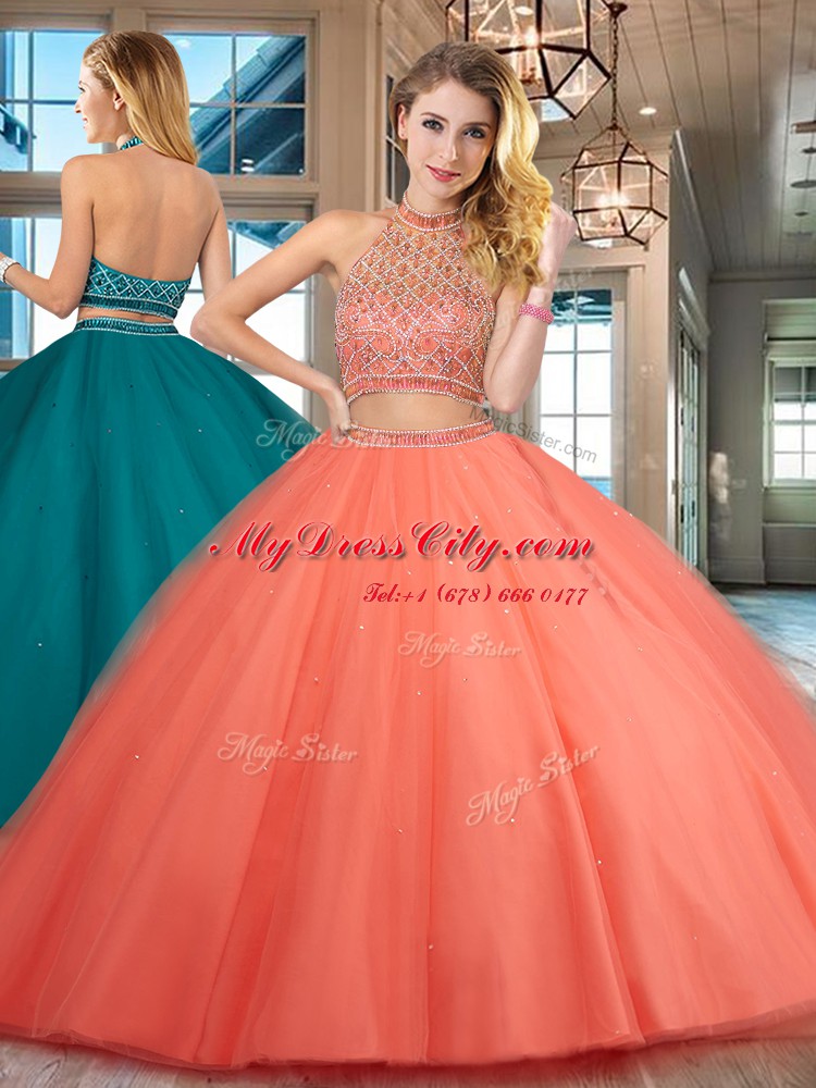 Halter Top Beading Sweet 16 Quinceanera Dress Orange Red Backless Sleeveless Floor Length