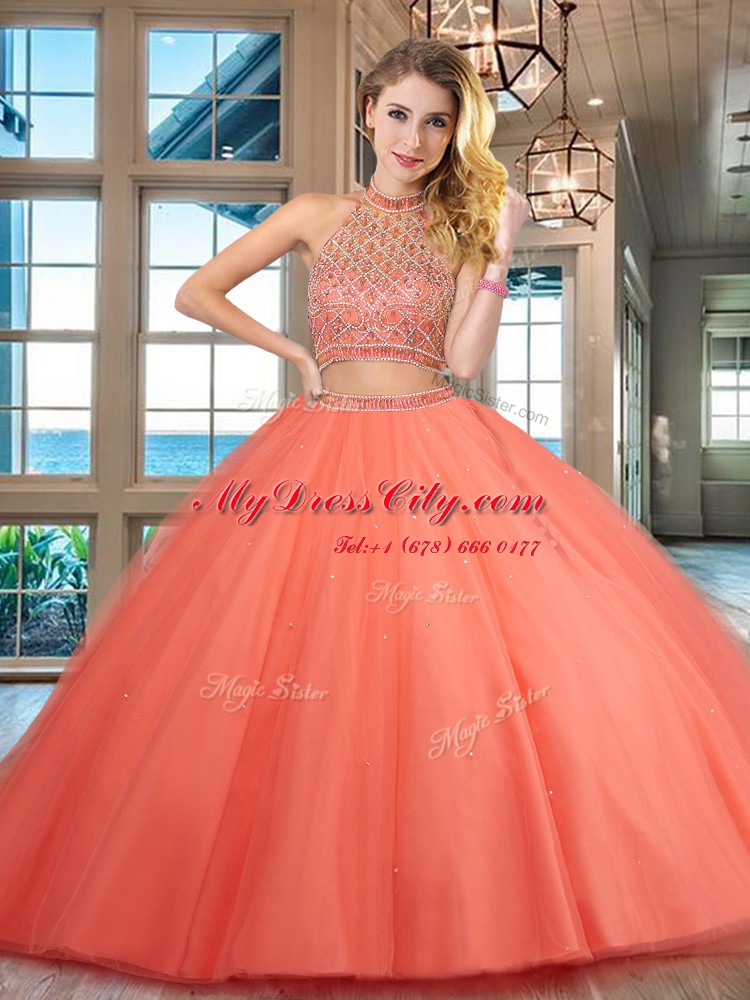 Halter Top Beading Sweet 16 Quinceanera Dress Orange Red Backless Sleeveless Floor Length