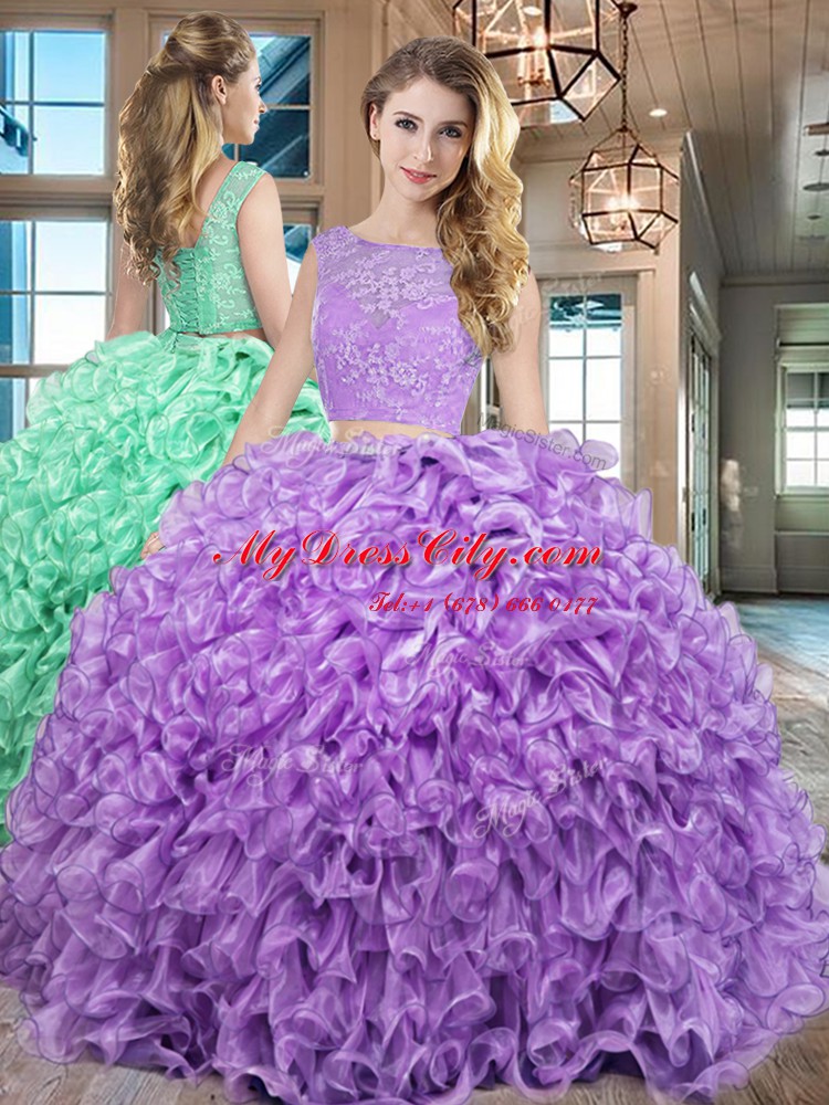 Lace and Ruffles Vestidos de Quinceanera Lavender Lace Up Sleeveless Floor Length