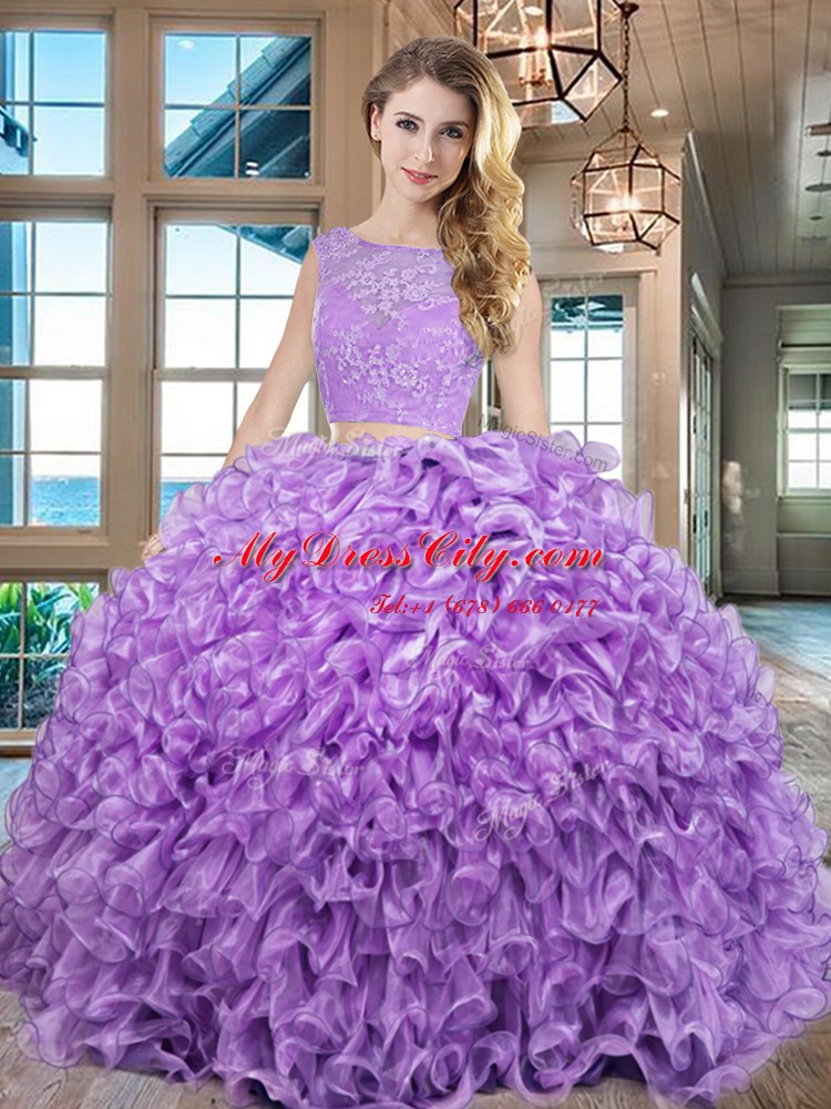 Lace and Ruffles Vestidos de Quinceanera Lavender Lace Up Sleeveless Floor Length