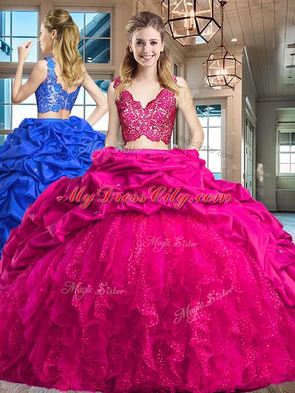 Lovely Sleeveless Taffeta and Tulle Brush Train Zipper Vestidos de Quinceanera in Fuchsia with Lace and Ruffles and Pick Ups