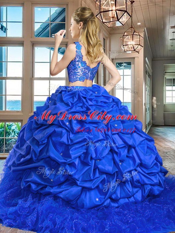 Lovely Sleeveless Taffeta and Tulle Brush Train Zipper Vestidos de Quinceanera in Fuchsia with Lace and Ruffles and Pick Ups