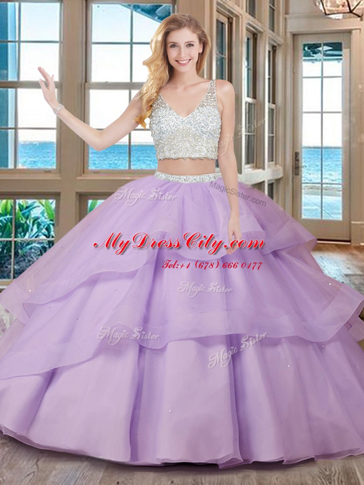 High End With Train Lavender 15th Birthday Dress V-neck Sleeveless Brush Train Zipper