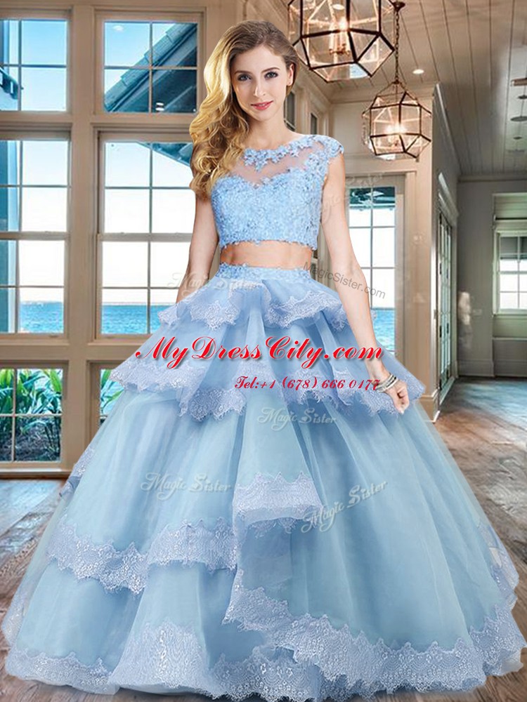 Custom Design Light Blue Two Pieces Scoop Cap Sleeves Tulle Floor Length Zipper Beading and Lace and Appliques and Ruffled Layers Quinceanera Dresses