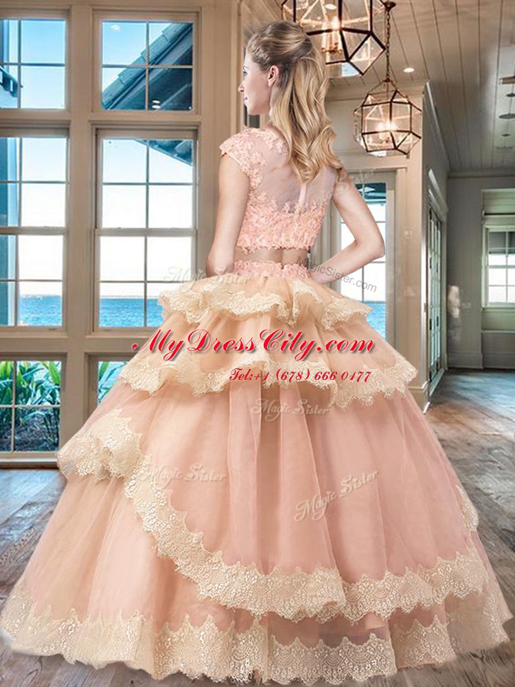 Custom Design Light Blue Two Pieces Scoop Cap Sleeves Tulle Floor Length Zipper Beading and Lace and Appliques and Ruffled Layers Quinceanera Dresses