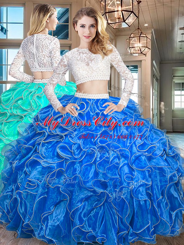 Scoop Long Sleeves Beading and Lace and Ruffles Zipper Quinceanera Gown