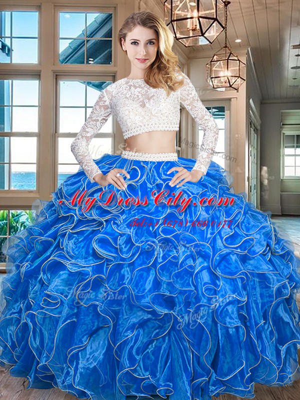 Scoop Long Sleeves Beading and Lace and Ruffles Zipper Quinceanera Gown