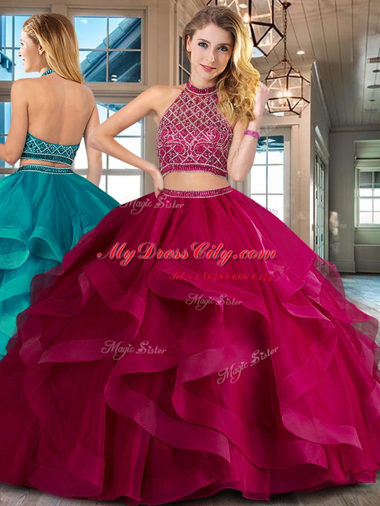 Custom Designed Backless Halter Top Sleeveless Quinceanera Gown Brush Train Beading and Ruffles Fuchsia Tulle